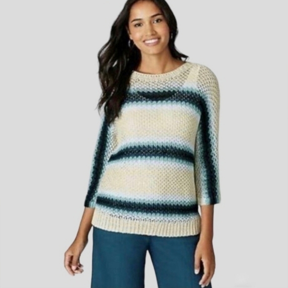 J Jill Crochet Striped Cream and Blue Women's Sweater - Picture 2 of 8